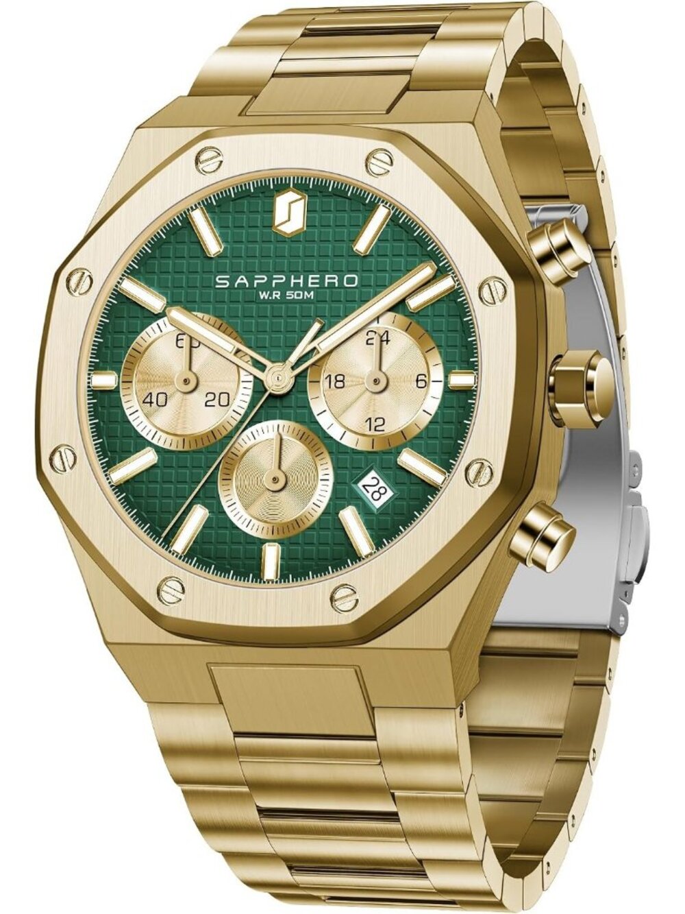 Men's Gold Strap Green Face Stainless Steel Octagonal Date Quartz Wrist Watch
